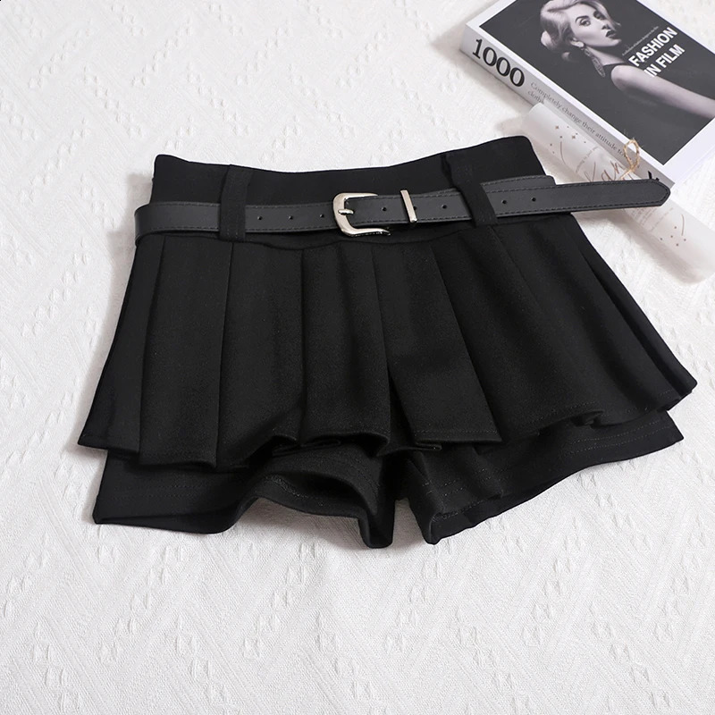 Kimotimo Womens Shorts Autumn Winter Belt High Waist Fluffy Pleated Aline Short Pants Korean Fashion Sexy Y2k All Match Clothes 250107
