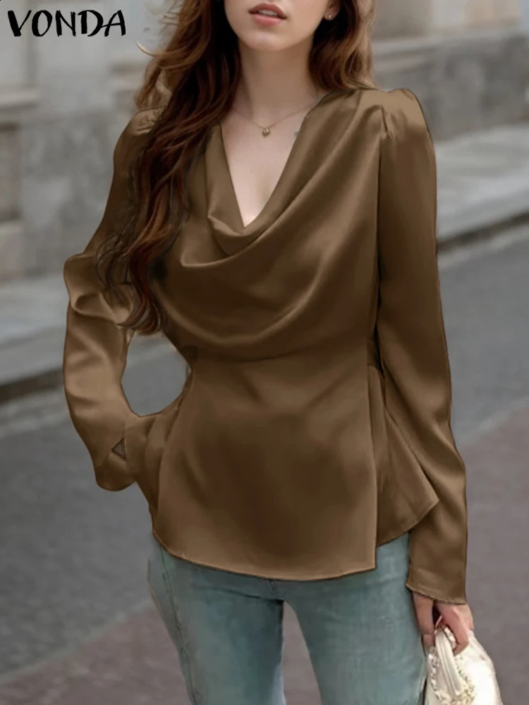 VONDA Women Satin Silk Blouses 2024 Elegant Long Sleeve Tops Casual Pile Collar Blusas Solid Color Pullover Lady Office Tunics 250107