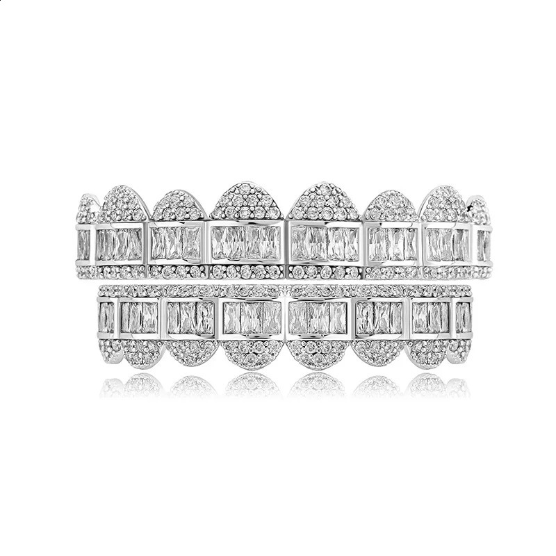 Hip Hop Gold Silver Baguette Stones Iced Out CZ Teeth Caps Cubic Zircon Top Bottom Charm Grills For Men Women Jewelry 250107