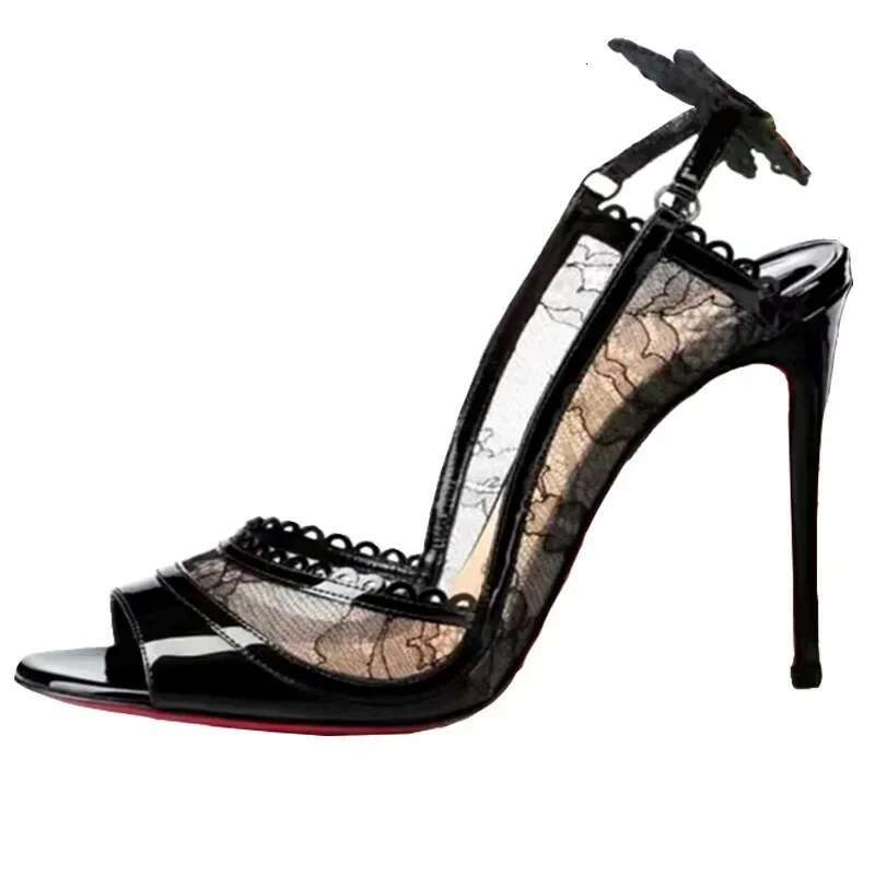 Sexy Cutout Lace Bowknot Women Pumps Summer Peep Toe Sgback Sandals Thin High Heels Black Patent Leather Party Wedding Shoes