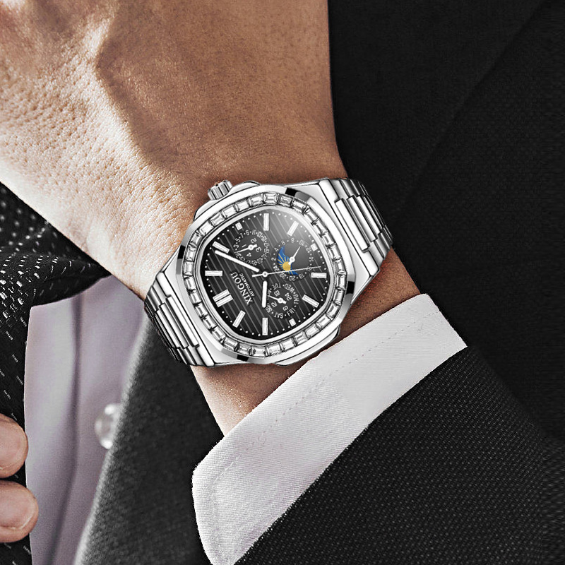 Men's Triple-Eye Six-Needle Multifunction Watch with Tourbillon and Stainless Steel Band