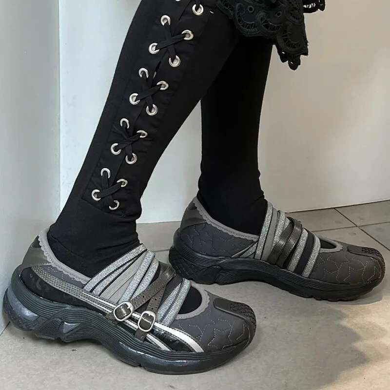 Mary Jane y2k Trendy Fashion Street Thick Bottom Shoes Flat Casual Women Strappy Ballet Sneakers Black