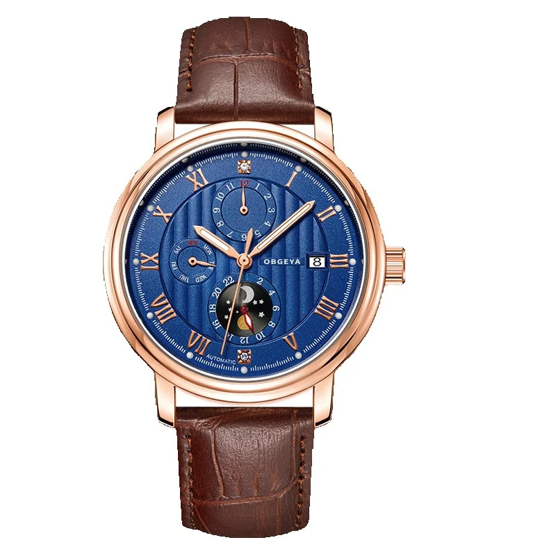 Men's Fashionable Automatic Mechanical Watch with Leather Strap and Night Glow