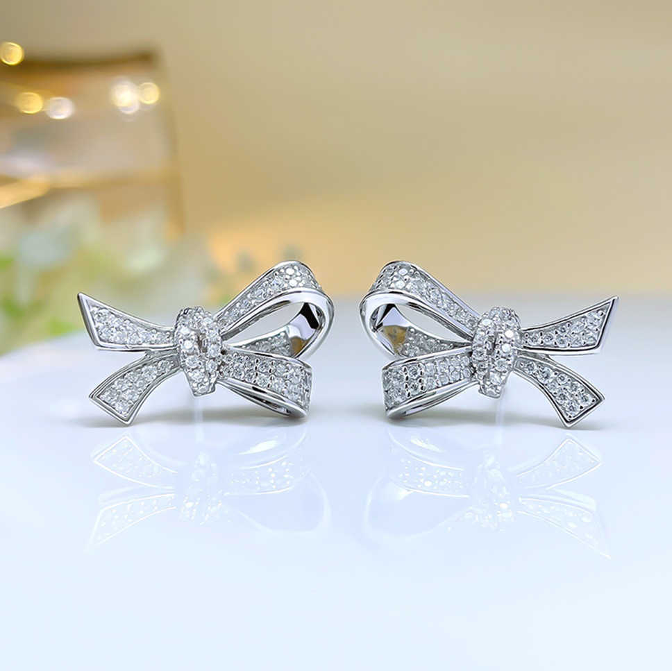 CAOSHI Custom Exquisite Design Bow Knot Shaped Paved Full Simulated Moissanite Earrings For Silver Plated CZ Stud Earrings Women
