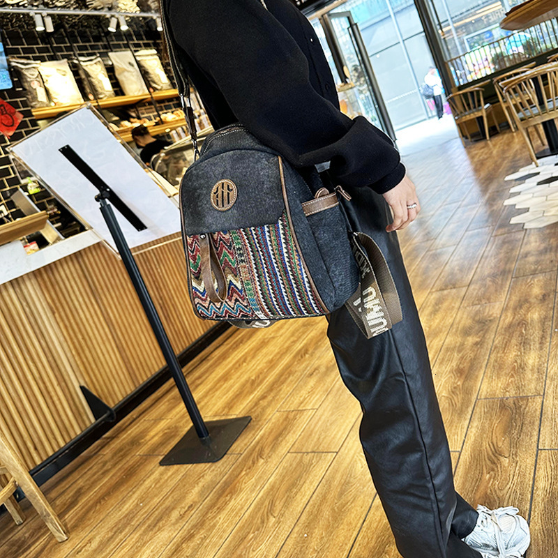 Student Retro Fashion Embroidered Denim Multi Purpose Travel Backpack Cross Shoulder