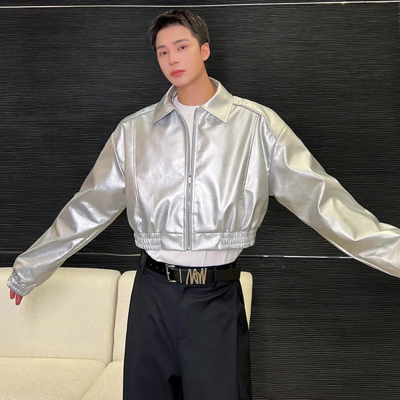 LUZHEN Leater Jackets Trend Mens Fashion Metal Silver Handsome Lapel Zipper Outerwear Korean Style Short Pu Leather Coat LZ2319 250109