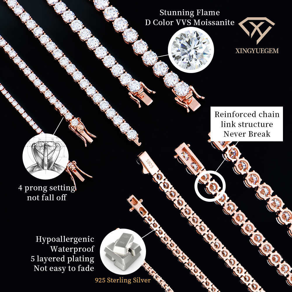 Men Women hip hop 2 3 4 5 6 mm 18k rose gold plated jewelry gra vvs moissanite diamond 925 sterling silver tennis chain bracelet