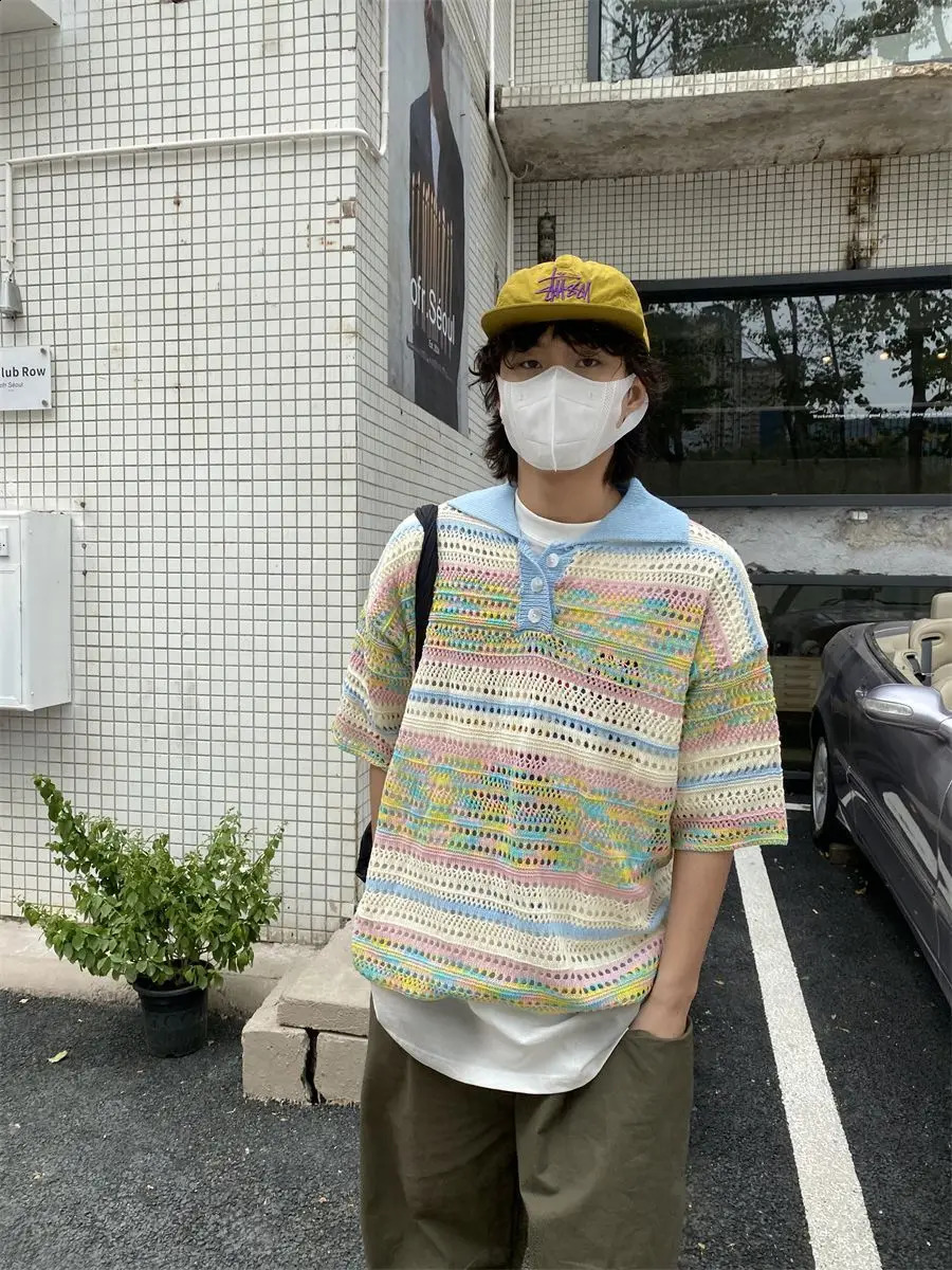 American street hip-hop color gradient hollow knitted polo shirt short sleeved mens and womens loose retro trendy T-shirt 250109