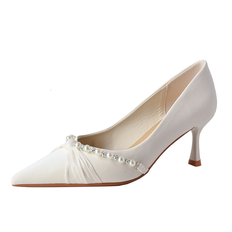 3356-1 Twisted Pearl Xiuhe Wedding For Bride Girl, Silk Sheepskin Temperament High Pointed Thin Heel Single Shoes