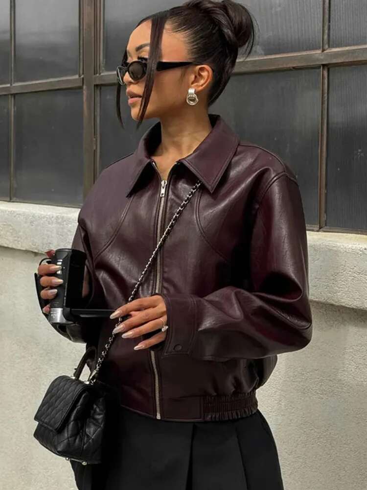Women's Faux Leather Jacket Vintage Lapel Long Sleeve Zip Pocket Solid Elastic Hem Cropped PU Overcoat Fall Winter New Coat