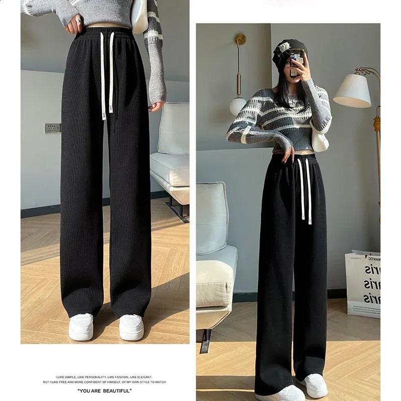 Women Winter Chic Snow Warm Daily High Waisted Long Pants Lady Basic Baggy Straight Leg Wide Plush Thermal Trousers 250106