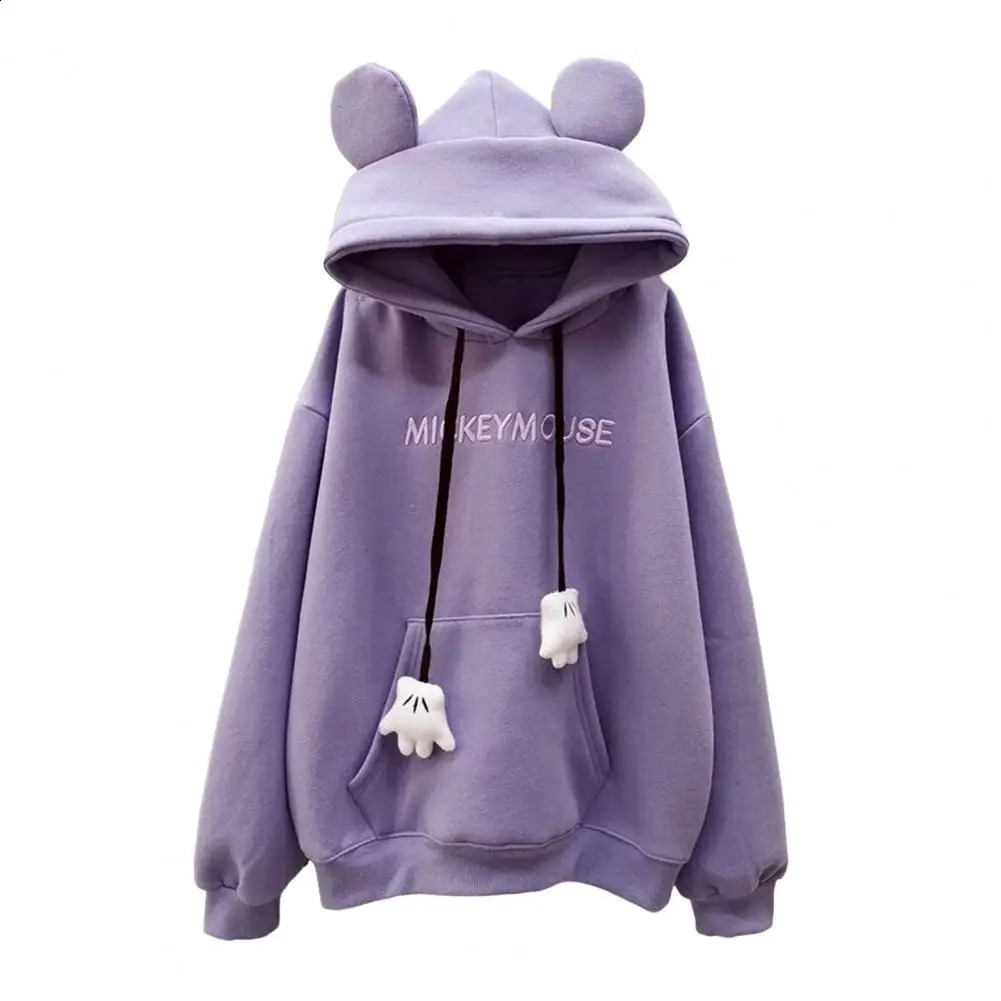 Women Hoodie Cartoon Hand Drawstring Ear Decor Thick Patch Pocket Loose Long Sleeves Pullover Warm Letter Embroidery Top 250106