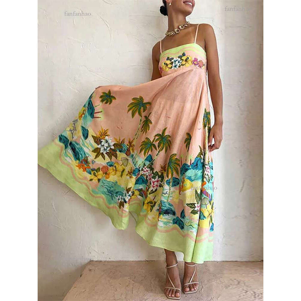 Floral Print Beach Dress Women Midi 2023 Summer Loose Sleeveless Slip Holiday Dresses Casual Chic High Waist Female Robe