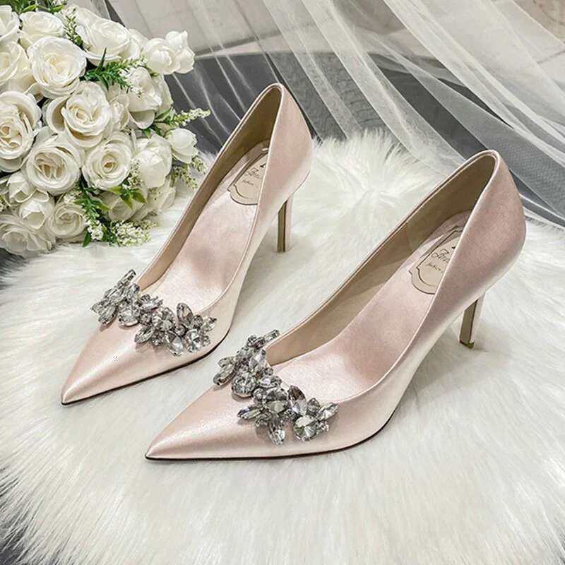 2024 Wedding Crystal Bridal Shoes Champagne Satin Dress Bridesmaid Shoes White High Heels Stilettos