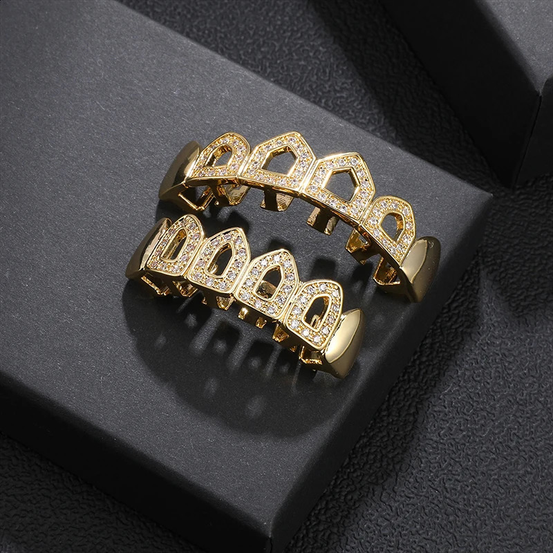 Teeth Set Iced Out Bling Caps Cubic Zircon Micro Pave Top Bottom Charm Grills For Men Women Jewelry 250107