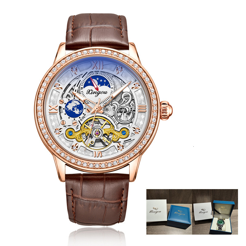 Luxury Skeleton Tourbillon Automatic Mechanical Watch with Moon Phase and Waterproof Leather Strap for Men