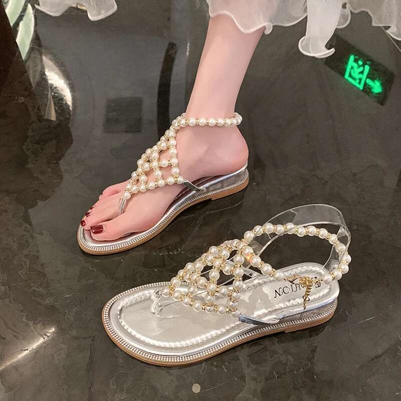 Beaded Clip Toe Women Sandals Beach Flip Ps Shoes Summer Dress Slippers Designer 2024 New Casual Mid Heels Pumps Mujer Slides
