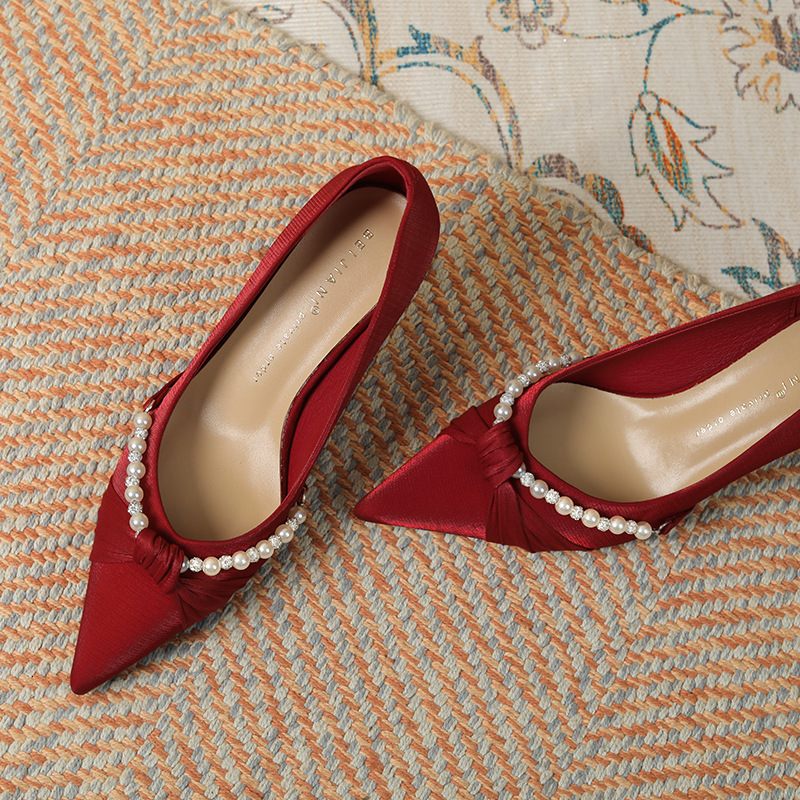 3356-1 Twisted Pearl Xiuhe Wedding For Bride Girl, Silk Sheepskin Temperament High Pointed Thin Heel Single Shoes