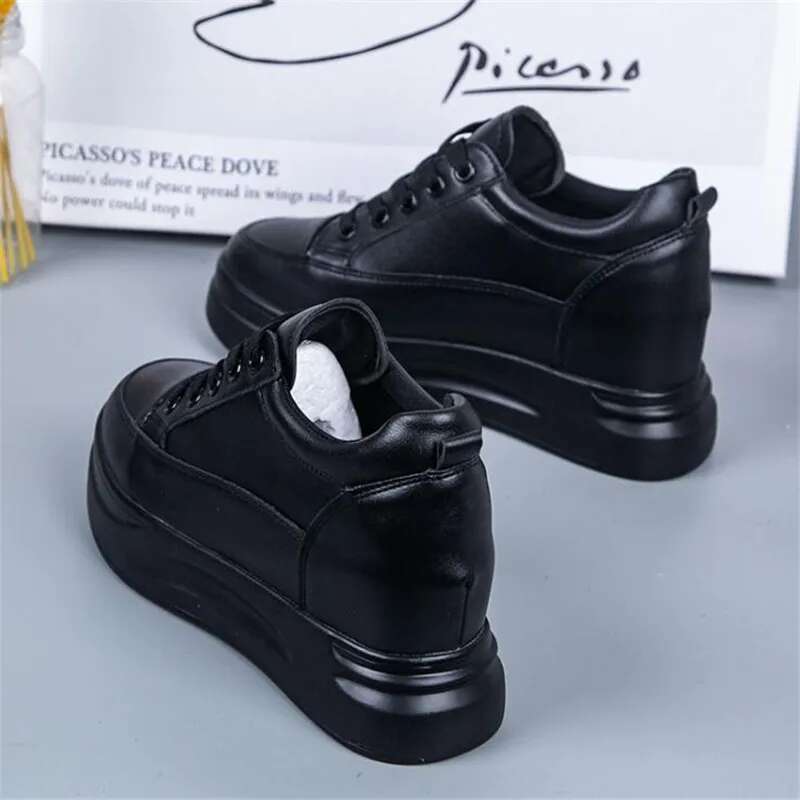 Hidden Heels Women Platform Wedge Sneakers Ladies Leather White BLACK Shoes Female Tenis Feminino Casual 40