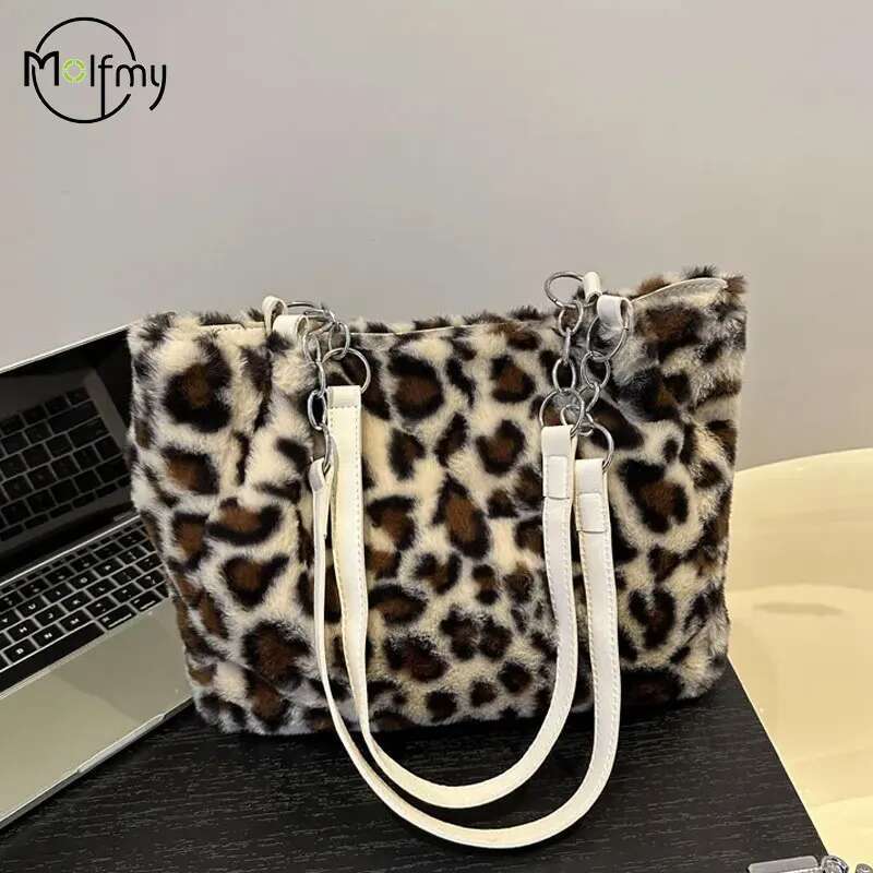 Plush Underarm Handbag Women Leopard Tote Bags Lady Fluffy Shoulder Chain Large Capacity Commuter Handle Bag
