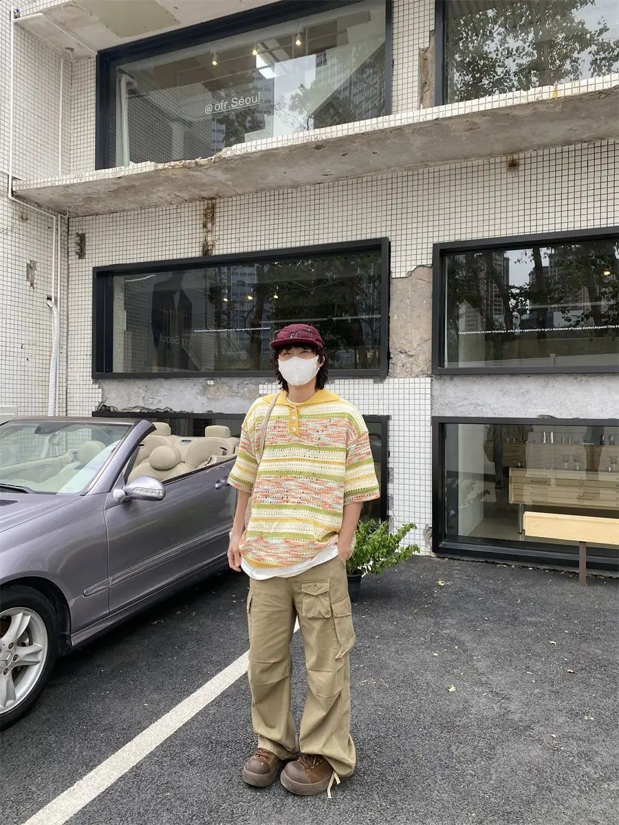 American street hip-hop color gradient hollow knitted polo shirt short sleeved mens and womens loose retro trendy T-shirt 250109