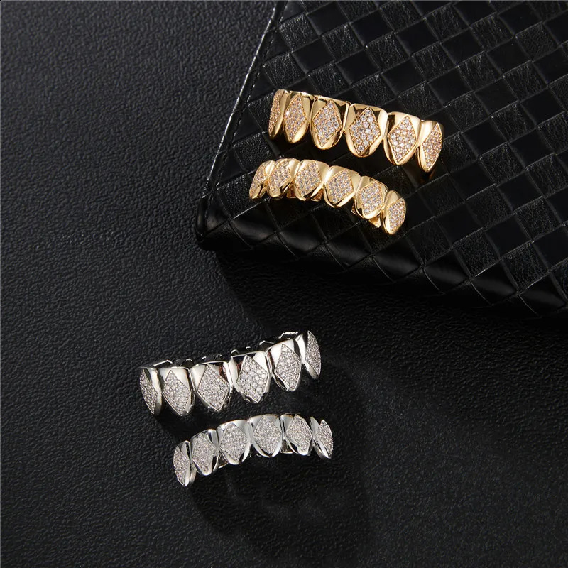 Bling WhiteTeeth Set Iced Out Caps Cubic Zircon Micro Pave Top Bottom Charm Grills For Men Women Jewelry 250107
