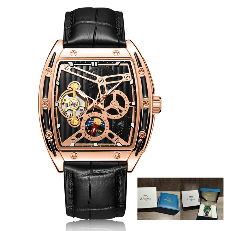 Luxury Barrel-Shaped Automatic Mechanical Watch with Skeleton, Night Glow, and Waterproof Leather Strap for Men