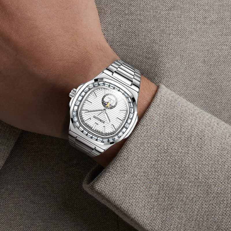 Men's Automatic Mechanical Watch with Diamond, Night Glow, and Waterproof Stainless Steel Band