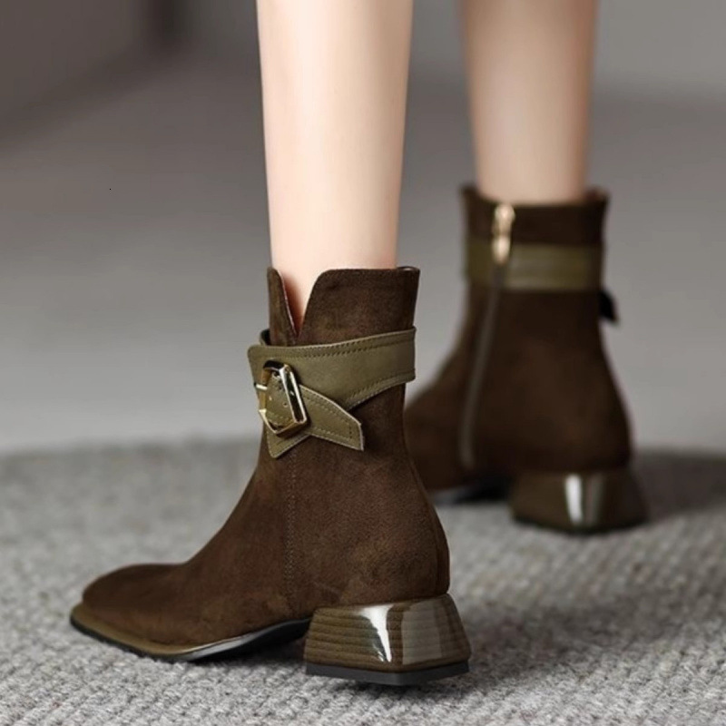 Fashionable Matte Leather Short For Women, Square Toe Spring And Autumn Single Boots, Versatile French Buckle Splicing, Mid Heel Martin Boots