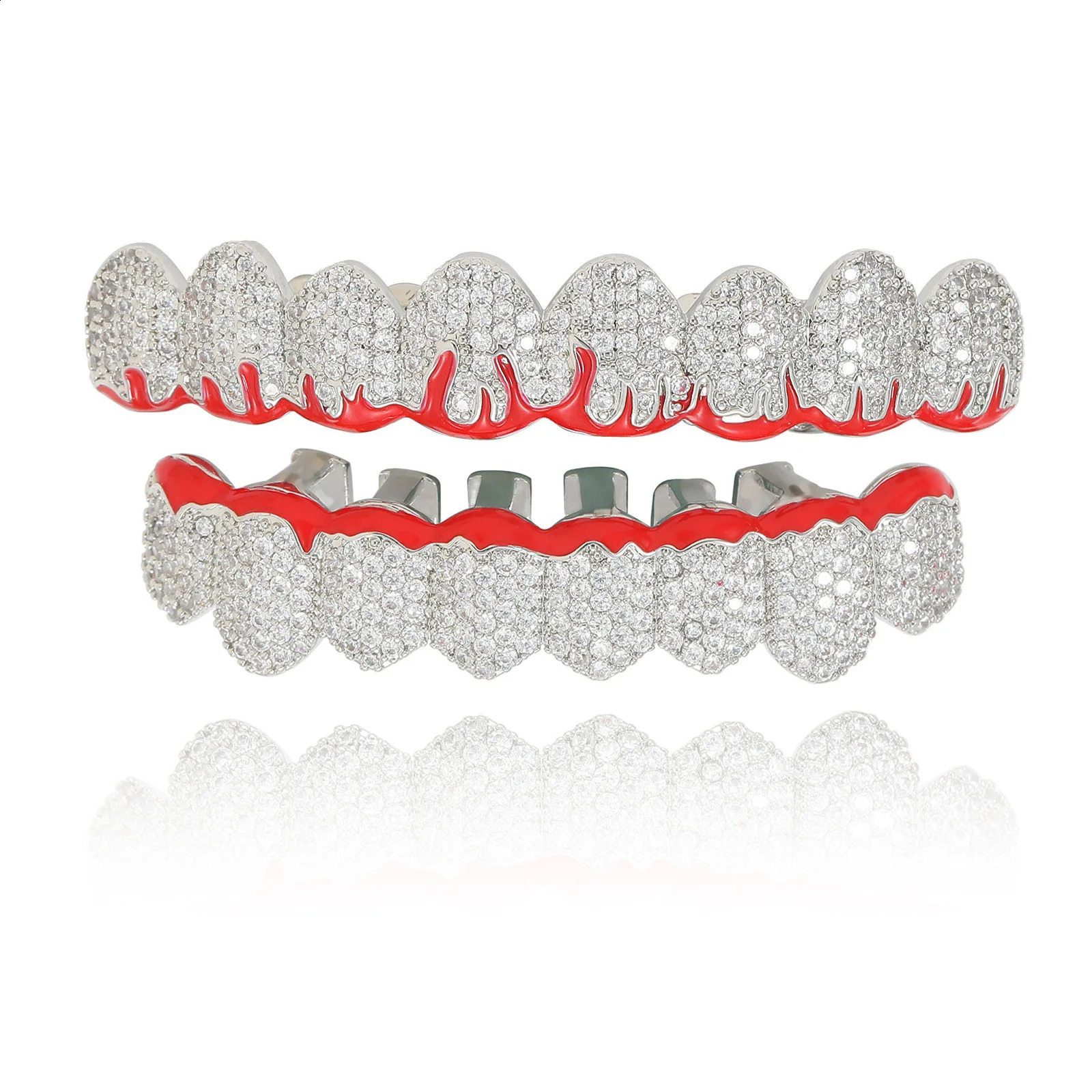 CZ Teeth Caps Red Drip Oil Cubic Zircon Iced Out Micro Pave Top Bottom Charm Grills For Men Women Jewelry Xmas Gift 250107