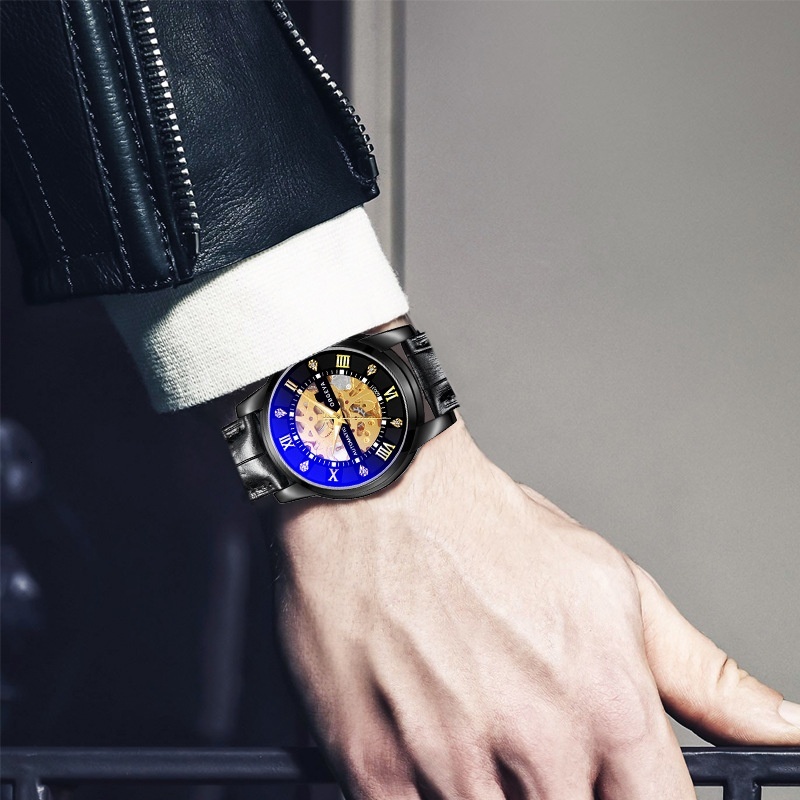 Men's Automatic Mechanical Watch with Stainless Steel Band, 30M Waterproof, and Night Glow