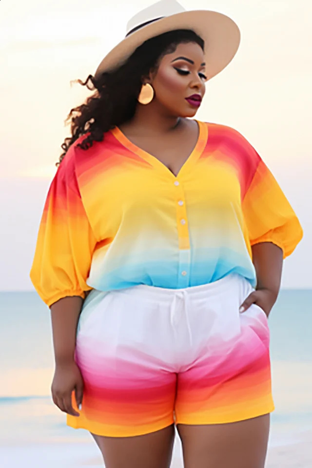 Plus Size Beach Casual Multicolor Gradient V Neck Lantern Sleeve Half Button Pocket Two Piece Short Sets 250106