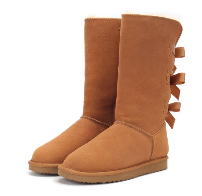 Women tall 3 bow snow boots cozy Sheepskin Knee-High casual Winter Warm Boots