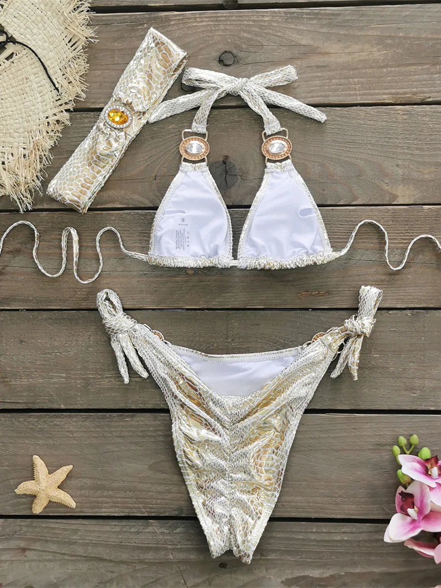 Bikini 2025 Womens Neon Green Gradient Rhinestone Push Micro Swimsuit Beach Swimsuit Diamond Belt 3-Piece Swimsuit 250110