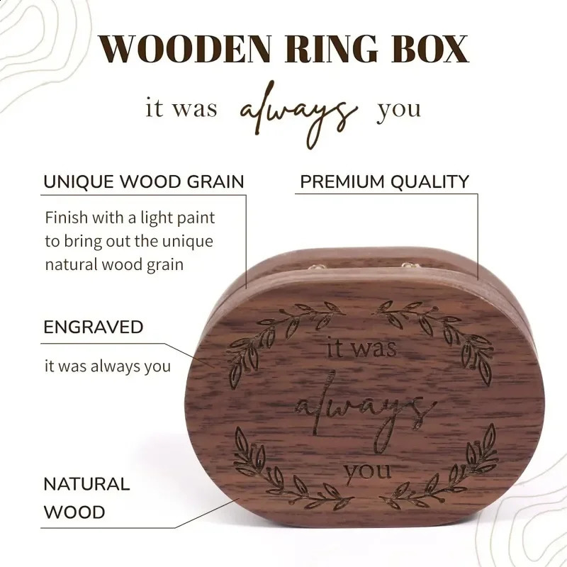 1PCS Free Engraved Oval Ring Wooden Box Personalized Double Slot Ring Bearer Proposal Holder Box For Wedding Bridal Gift For Her 250106