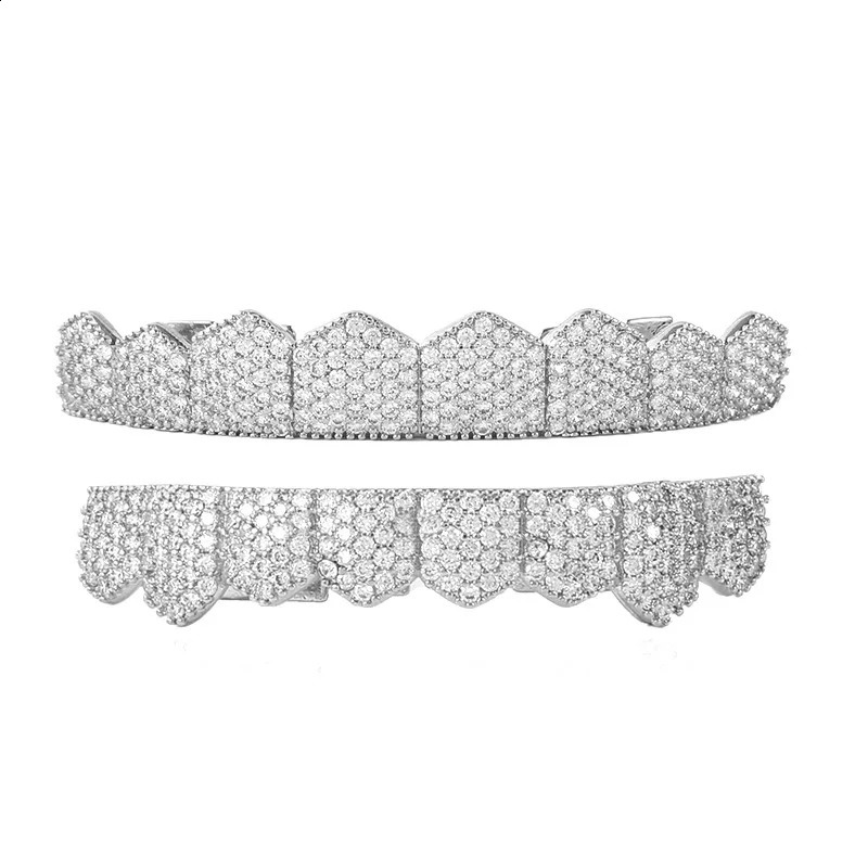 Gold Silver Longer Shape Iced Out Teeth Hip Hop 8/8 Top Bottom Grills Dental Mouth Punk Teeth Caps Cosplay Party 250107