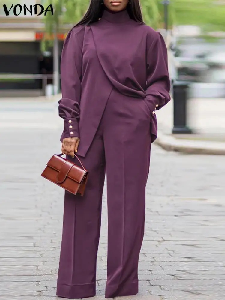 Plus Size VONDA Women Autumn High Neck Suits Solid Color Long Sleeve Matching Sets Elegant Split And Wide Leg Trousers 2PCs 250106