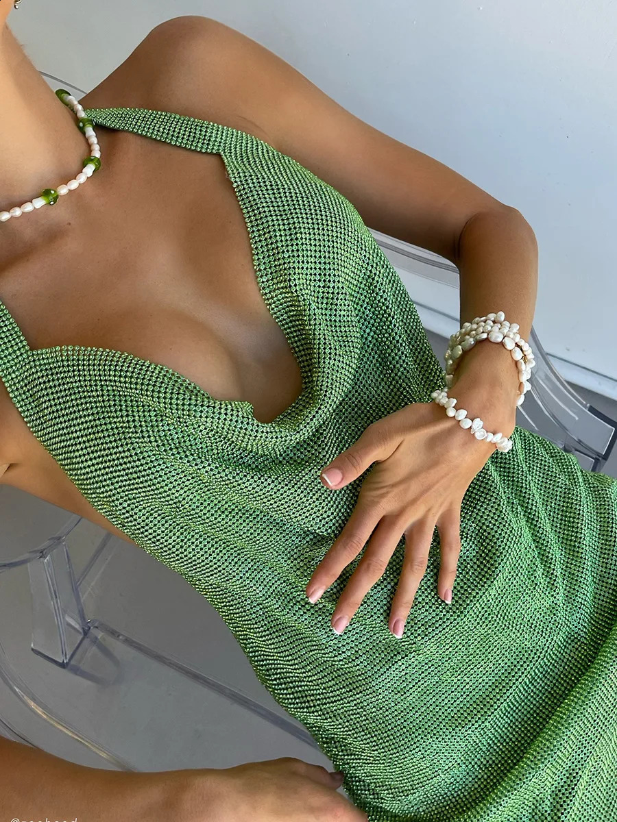 Sexy Backless V Neck Mini Dress For Women Shiny Rhinestone Halter Neck Side Split Sleeveless Dress Party Club Evening Dresses 250106