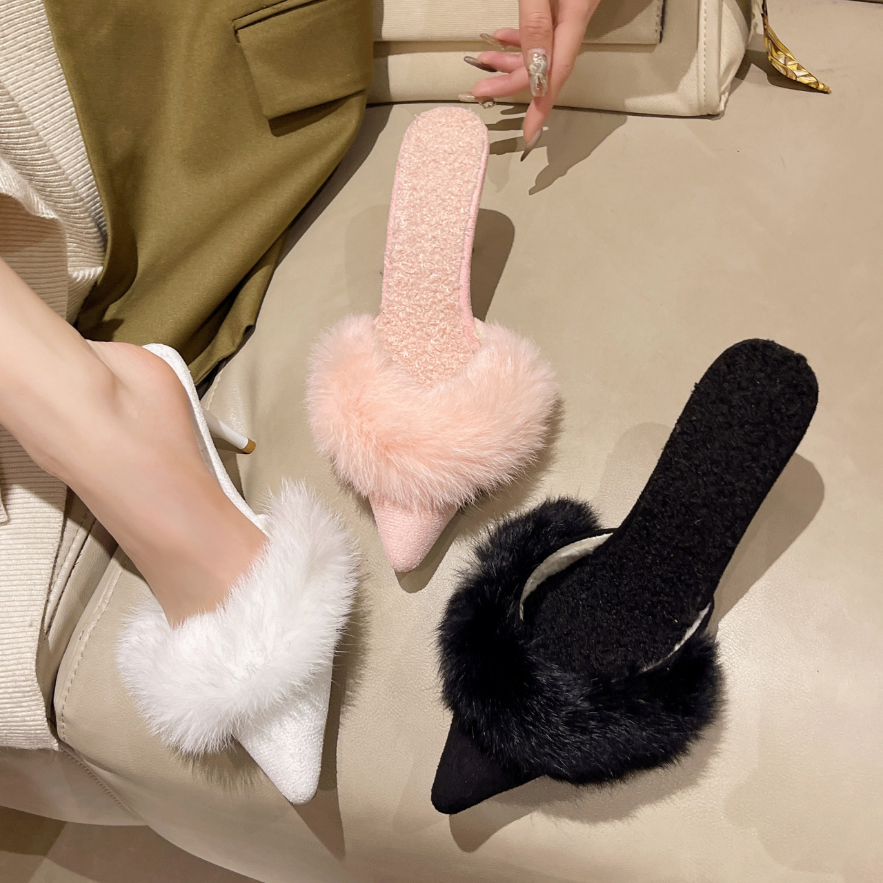Women Slippers Fleece Spring Warm High Heel Fashion Outerwear Versatile Pointed Toe Triple Black White Pink Free shipping