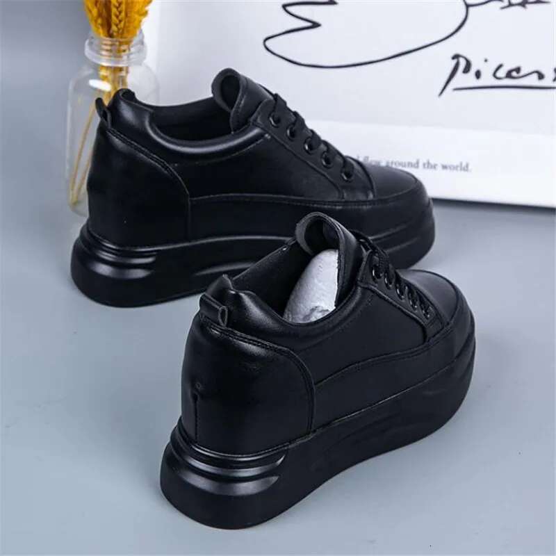 Hidden Heels Women Platform Wedge Sneakers Ladies Leather White BLACK Shoes Female Tenis Feminino Casual 40
