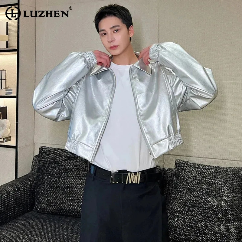 LUZHEN Leater Jackets Trend Mens Fashion Metal Silver Handsome Lapel Zipper Outerwear Korean Style Short Pu Leather Coat LZ2319 250109
