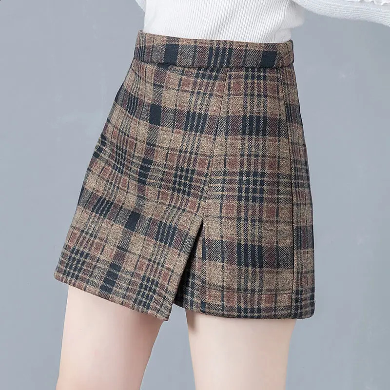 Short Plaid Fashion Winter Vintage Cargo Thick Wool Basic Trouser Loose Shorts Feminino V17 250107
