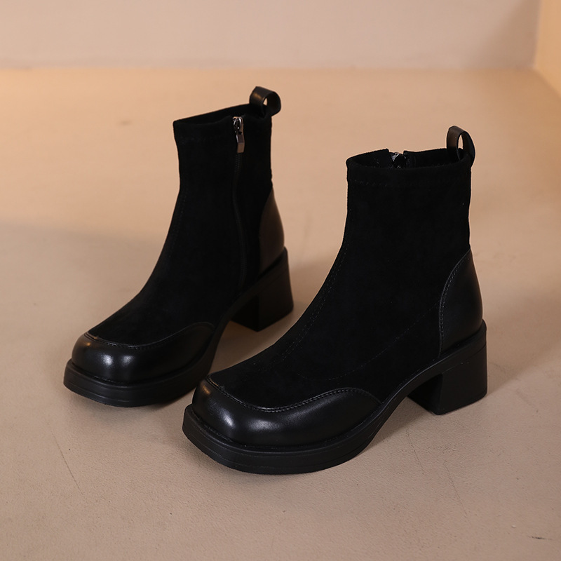 French High-Heeled Martin Women's Short 2024 Autumn And Winter New Korean Style Ankle Sole Thick Heel Elastic Slim Boots