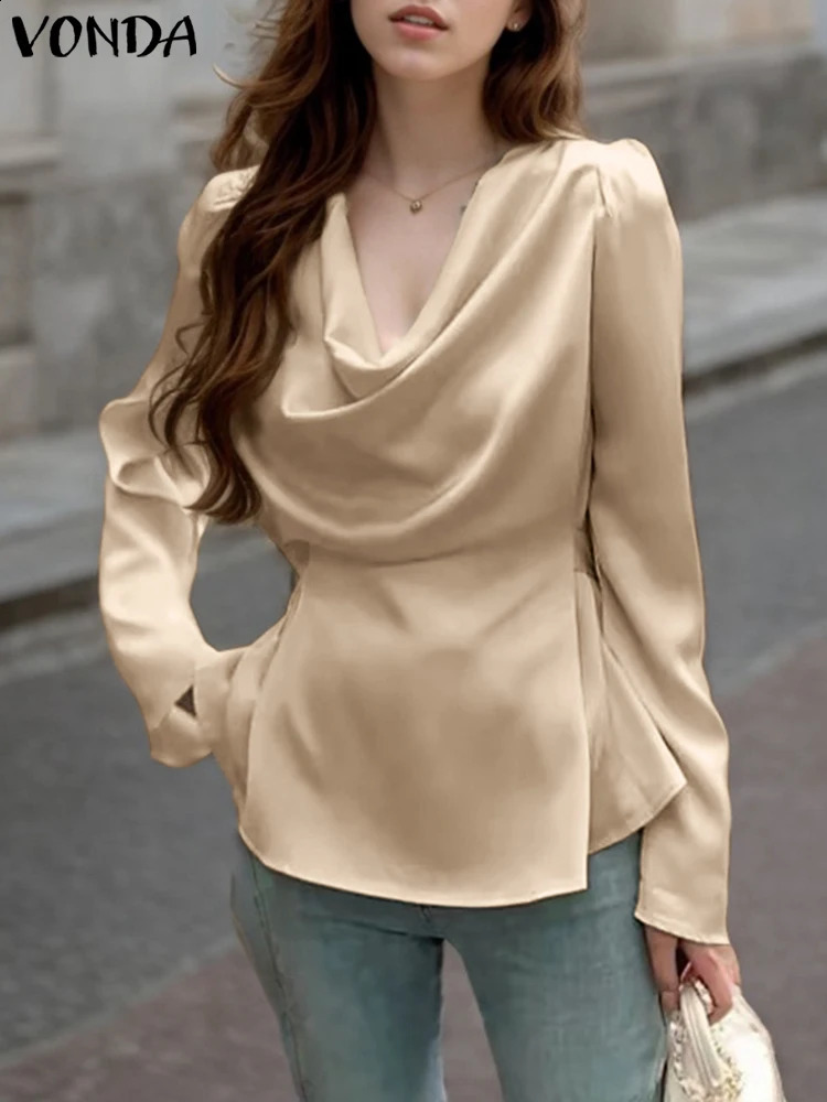 VONDA Women Satin Silk Blouses 2024 Elegant Long Sleeve Tops Casual Pile Collar Blusas Solid Color Pullover Lady Office Tunics 250107
