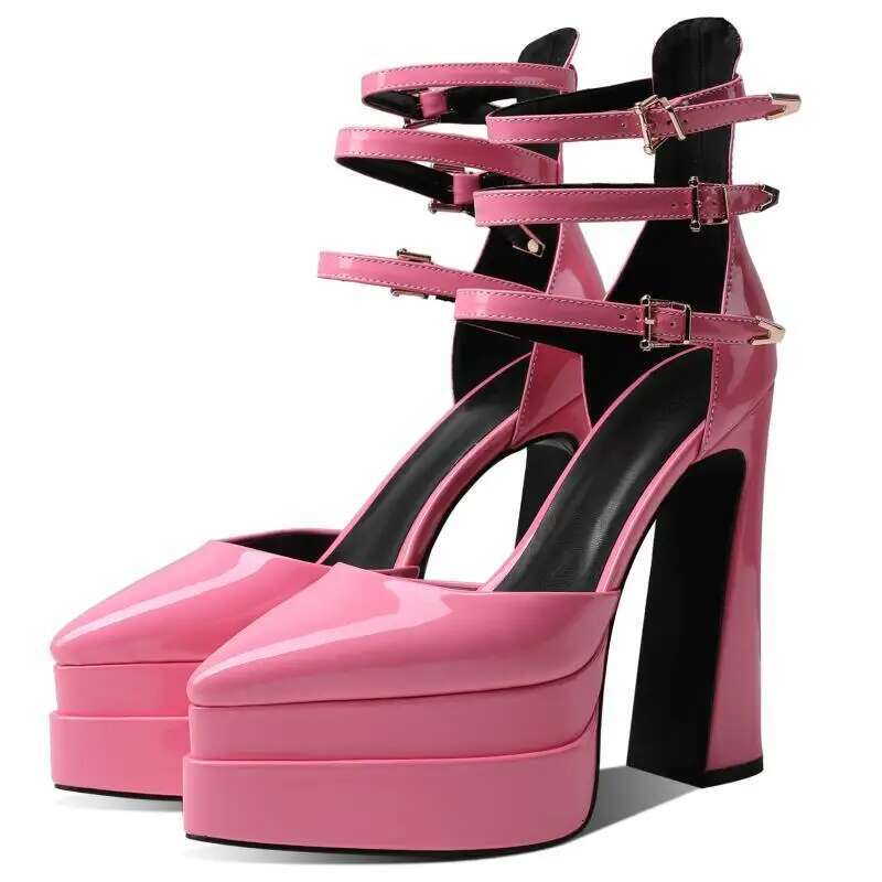 Pointed Head Shallow Mouth Fashion Sexy Increase Thick Heel Patent Leather Rivet Large Party Single Shoe Female