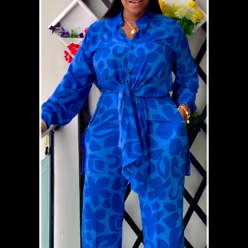 Plus Size Vacation Pant Set Blue Leopard All Over Print Button Long Sleeve Loose Two Piece y250122