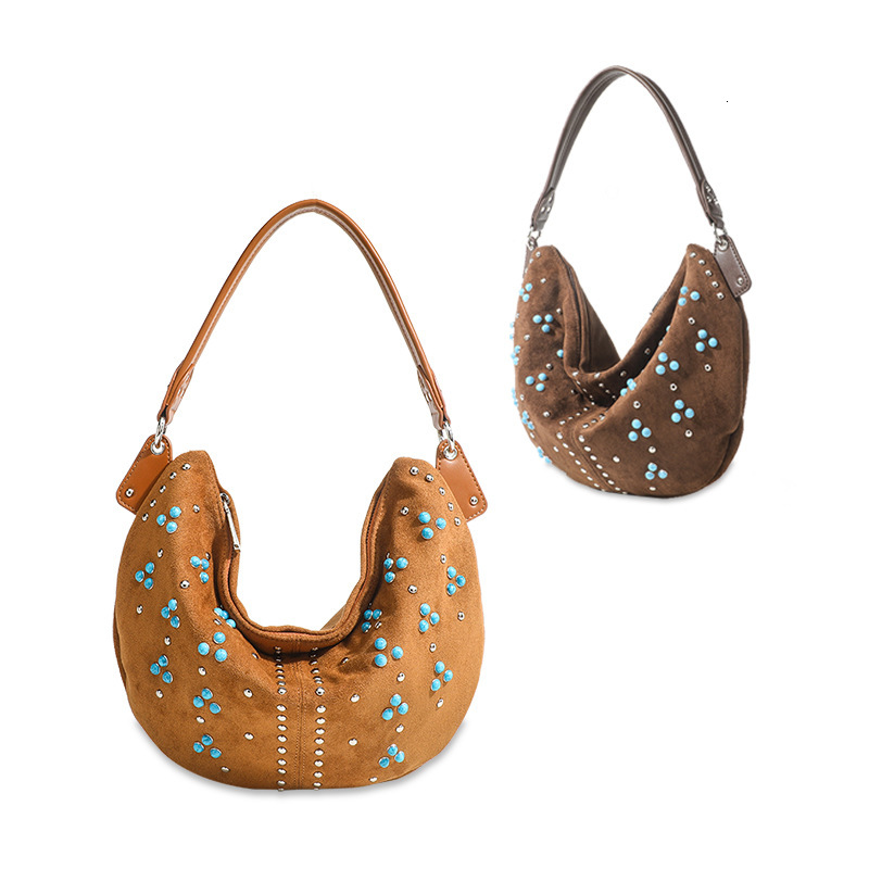 Underarm Single Shoulder Made Of Suede Tote Bag With Niche Design For Women's Designer Handbag Rivet Frosted Handheld Crossbody Bag Crescent Shap