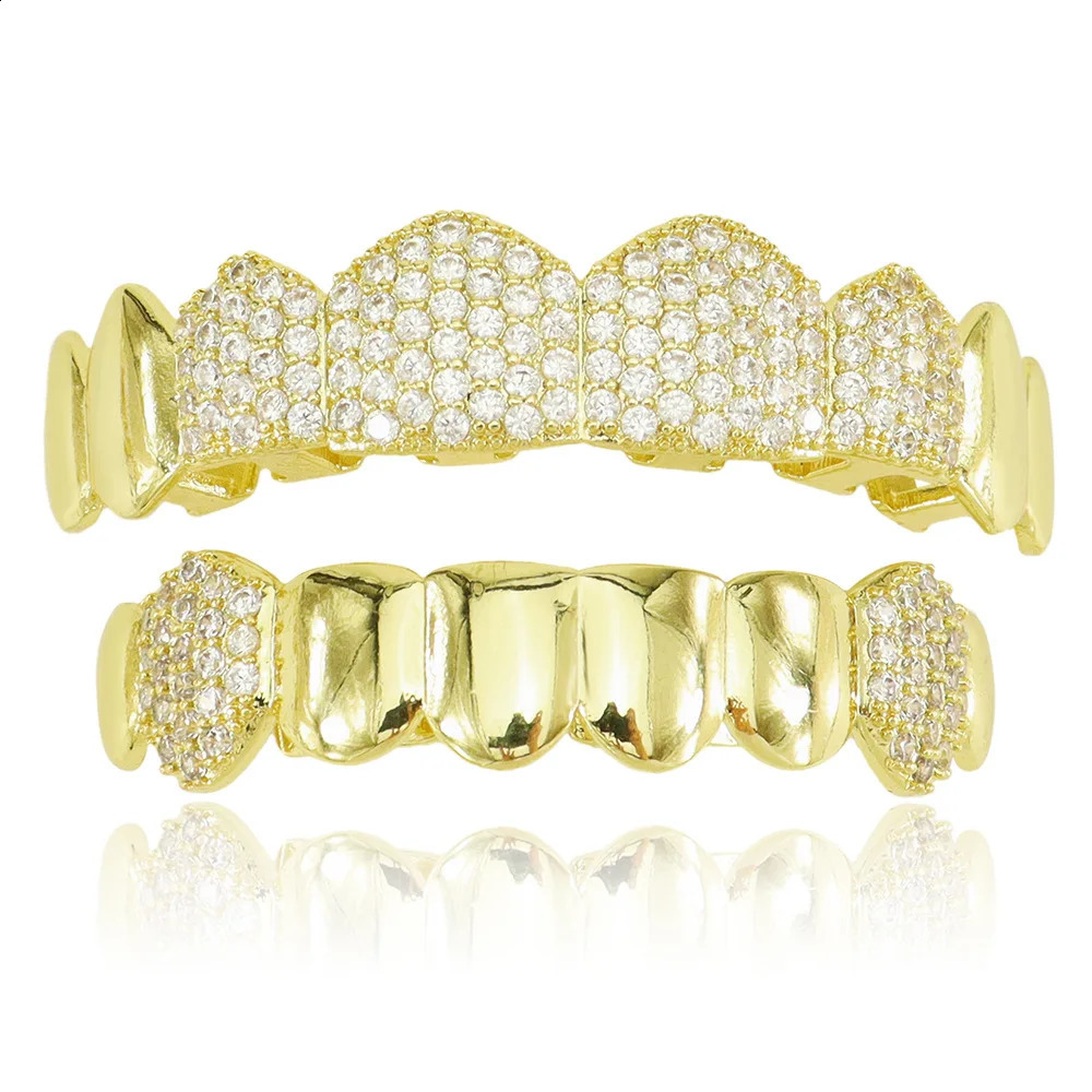 Hip Hop Full Iced Out CZ Stones Teeth Caps Cubic Zircon Top Bottom Charm Grills Set For Men Women Jewelry Gift 250107