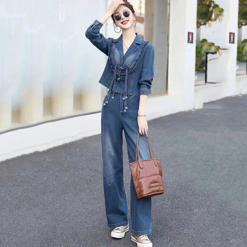 Fashion Womens Denim Wide-Leg Pants Suit Autumn Casual Short Denim Jacket Jeans Two-Piece Suits Female Trousers Sets Blue 250109