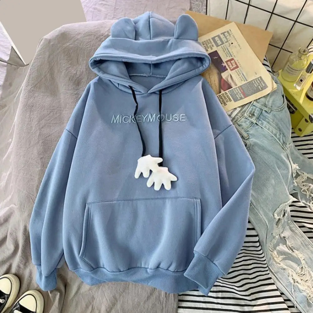 Women Hoodie Cartoon Hand Drawstring Ear Decor Thick Patch Pocket Loose Long Sleeves Pullover Warm Letter Embroidery Top 250106